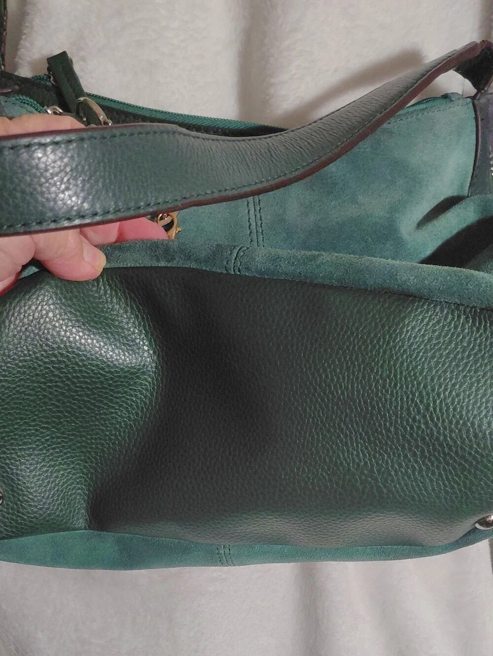 Tignanello Green Suede Shoulder Bag Zipper Sides to Expand